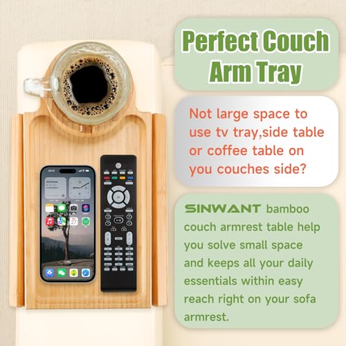 SINWANT Couch Cup Holder Tray,Large Bamboo Couch Armrest Table with Cup Holder,Foldable Anti-Slip Sofa Arm Tray for Coffee Cup,Water Bottles,Mug,Snacks,Remote - color: Bamboo