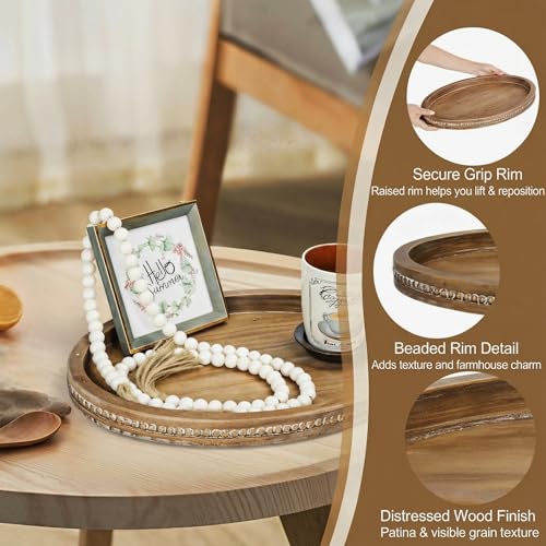 16" x 11.8" Oval Wood Decorative Tray with 58" Bead Garland, Farmhouse Coffee Table & Kitchen Island Décor, Rustic Brown Entryway Console Tray for Styling, Candles & Small Items