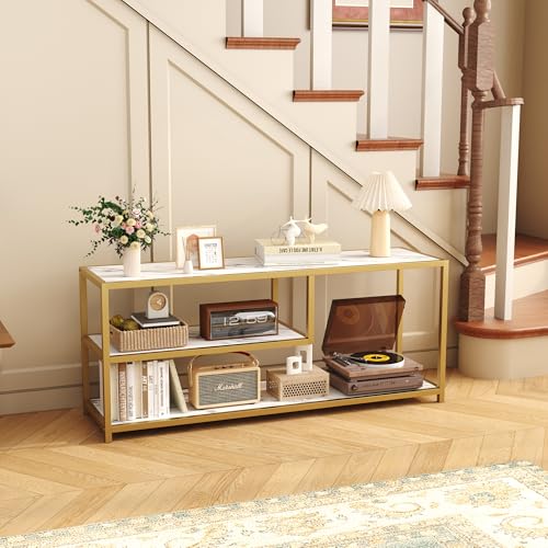 Function Home TV Stand for TVs up to 55 Inch, 3 Tier Entertainment Center, Media Console with Open Storage Shelves for Living Room Bedroom, 47” Modern TV Table with Faux Marble Top Gold Metal Leg - color: 47" Gold