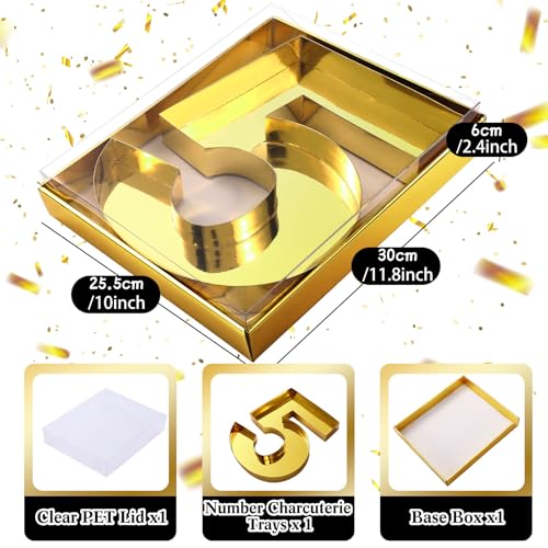 SiliFine 12" Charcuterie Number Shaped Mache with Clear Lid Fillable Sweets Serving Trays Paper Mache Cupcake Candy Box for 2025 Graduation Party Graduation Celebration(Gold,Number 5) - color: Gold, style: Number 5