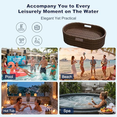 Devoko Floating Pool Tray Large PE Rattan Pool Serving Bar, Luxury Pool Floating Table with Handles for Pool Party, Hot Tub & Beach (Brown) - color: Brown, size: Medium