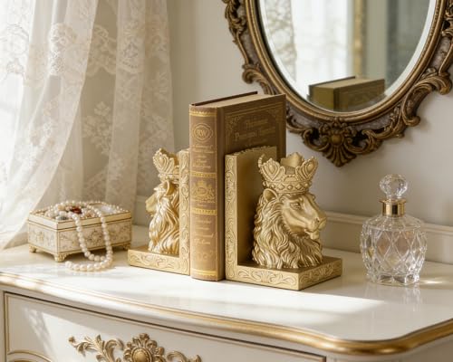 Lion Head Bookends with Regal Gold Design, Solid Resin for Heavy Duty Book Support, Non-Slip Pads for Stability, Gift for Lion Enthusiasts Collectors - color: Gold