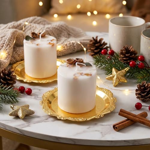 2 PCS Gold Pillar Candle Holder Decor, 5.9 Inch Round Metal Carved Candle Tray, Pillar Candles Plates Stand Decorative for Scented Ball Flameless Candles LED Coffee Table Wedding Party Home