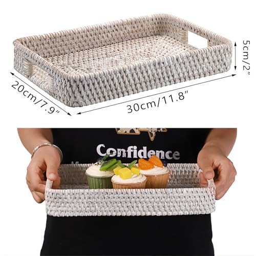 Hipiwe Hand Woven Tray with Handle Whitewash Rattan Serving Tray for Storage Rectangular Wicker Basket Tray for Key Remote Fruit Dessert Plate, 11.8 x 7.9 x2 Inch - color: Whitewash, size: 11.8" x 7.8" x 1.9"