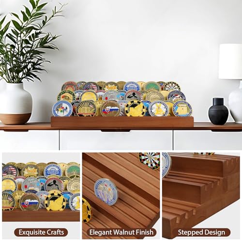 Challenge Coin Holder, 9 Rows Solid Wood Military Coin Display Stand Holds 60 Coins, Army Coin Rack Display Case for Desk Display