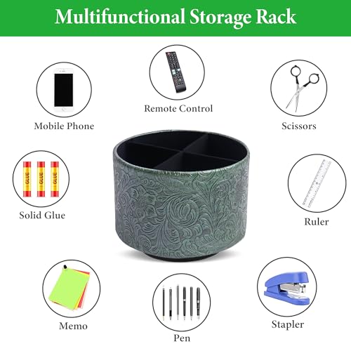 lizimandu Round Leather Art Supply Organizer,Remote Control Holder,360 Degree Spinning,Multi-Functional Pencil Holder,4 Compartments Desktop Stationary Organizer(1-Carved Metal Green1) - color: 1-Carved Metal Green1