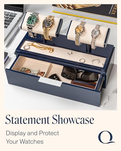 QWATCH Watch Stand Display Case - Acrylic Watch Box for 2 or 4 Watches with Jewelry Valet Tray and Drawer - color: Double - Navy / Ivory