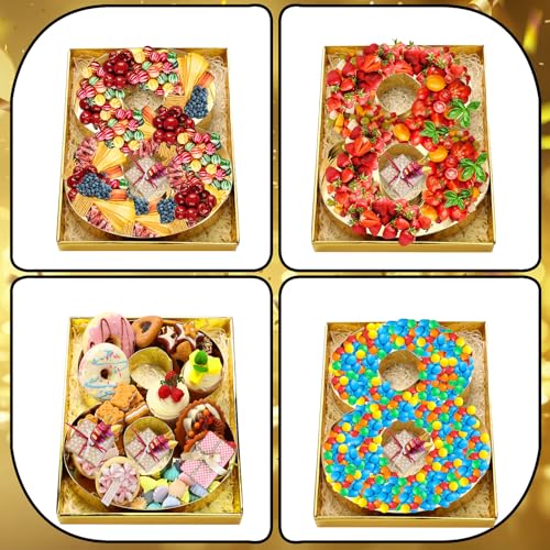 SiliFine 12" Charcuterie Number Shaped Mache with Clear Lid Fillable Sweets Serving Trays Paper Mache Cupcake Candy Box for 2025 Graduation Party Graduation Celebration(Gold,Number 8) - color: Gold, style: Number 8