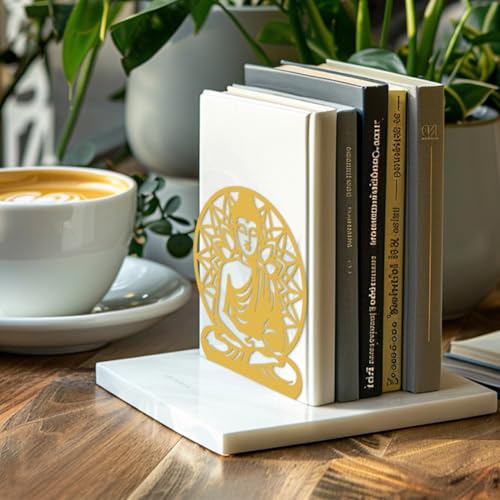 Peacoblue Metal Bookends for Shelves, Modern Decorative Heavy Duty Study Book Support Stoppers for Office, Desk, Shelf, Room 5.3"x4.3"x6.1" Cast Iron Simple Gold Book Ends, 1 Pair (Golden Buddha) - style: Golden Buddha