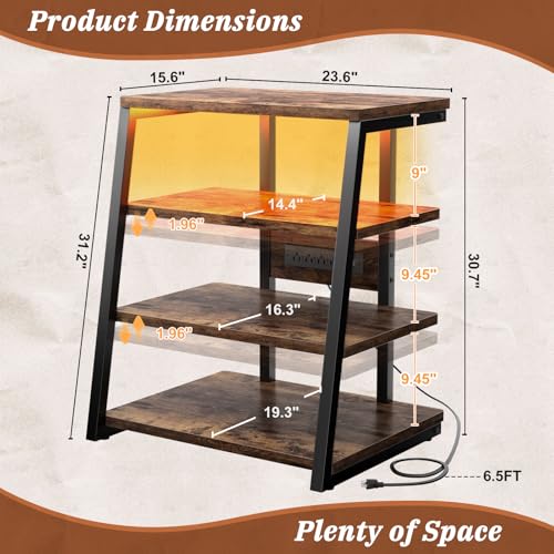 Armocity 4-Tier AV Media Stand with Power Strips, Stereo Stand with LED Lights, Audio Tower Rack with Adjustable Shelves, Small Entertainment Center, 30'', Rustic Brown - color: Rustic Brown, size: 30" (H)