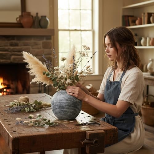 Lvases Farmhouse Rustic Ceramic Vase, 6.5 inch Gray-White Handcrafted Weathered Stone Pottery Terracotta Vintage Vases for Home Decor Living Room Table Shelf Decorative (Round - B) - color: Gray+white, size: 6.5 in X 6.1 in