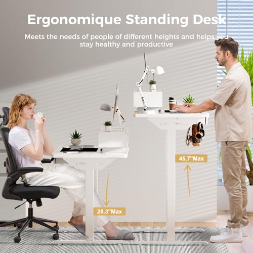 GTPLAYER Electric Standing Desk with Drawers, 48 x 24 Inch Height Adjustable Gaming Desk with Monitor Stand, Power Outlets & LED Lights, Home Office Sit Stand Up Desk with Memory Preset (White) - color: White, size: 48*24"