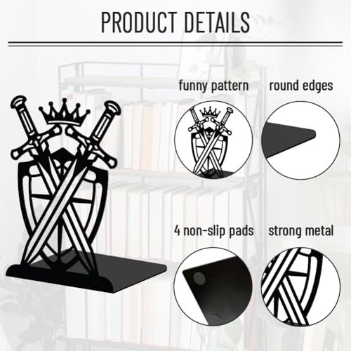 WADORN 1 Pair Dual Swords Decorative Bookends, Knight Theme Heavy Duty Metal Book Ends Western Non-Skid Black Book Stopper for Bookshelf Library Home Office Dorm Back to School, 5.3x4.3x7.9 Inch - color: Dual Swords