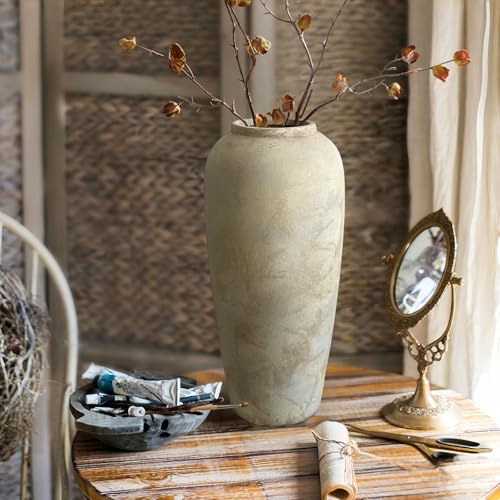 Ceramic Rustic Farmhouse Vase, 15 Inch Beige Flower Vases for Home Decor, Rustic Pottery Vase for Table Centerpieces & Living Room, Farmhouse Ceramic Vases for Entryway & Wedding Gifts - color: Beige, size: Large