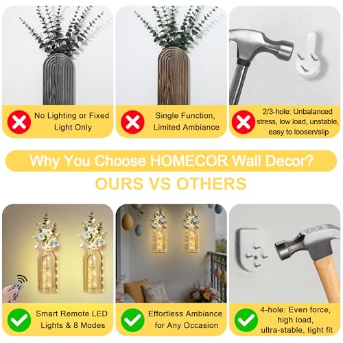 HOMECOR Easter Wall Decor Set of 2 - Boho & Modern Farmhouse Hanging Wooden Vase with Fairy Lights & Artificial Plants, Spring Wall Art for Living Room, Bedroom, Bathroom, Mothers Day Home Decor Gift - style: Flower - Easter Wall Decor