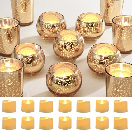 Funnymoom 12 Set Assorted Votive Candle Holders with LED Tea Light Decorative Mercury Glass Votive Tealight Holder Flameless Battery Operated Wedding Centerpieces Bridal Party Table Decoration (Gold) - color: Gold