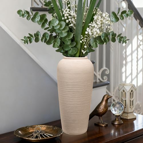 Tall Ceramic Vase 12 Inch Neutral Textured Vase,Cream Ceramic Vase for Home Decor,Farmhouse Tall Ceramic Flower Vase for Dining Table,Living Room,Kitchen,Bedroom,Entryway - size: 12 Inch