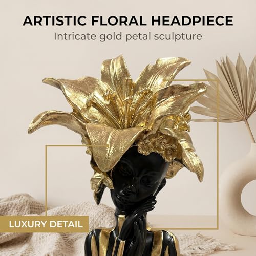 Lescafita African Woman Art Sculpture with Gold Floral Crown, Exquisite African Statue, Emotional Modern Home Art Gift for Various Settings Such as Home, Bookshelves, desks, or Offices(10.83 inch - color: 711-gold M