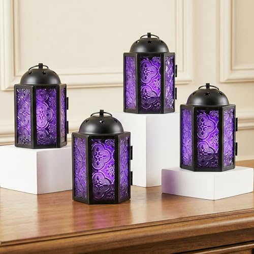 VELA LANTERNS Mini Moroccan Tea Light Candle Holder Lanterns – 4.25" Small Decorative Lantern for Table or Hanging, Metal with Glass Panels – Ramadan, Wedding, Home Decor, Royal Purple (Set of 4) - color: Royal Purple