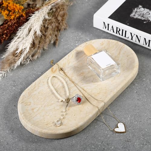 Koville Natural Marble Tray for Home Decor, 12"x6" Marble Vanity Tray for Dresser, Stone Perfume Organizer Jewelry Dish for Bathroom, Stone Catchall Storage Trays for Candles - color: Hibiscus Yellow, size: 12" x 6" x 0.7"