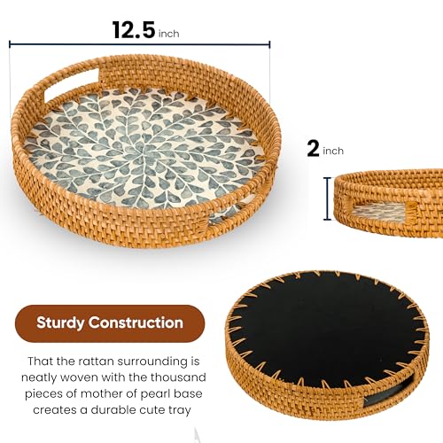 KOLWOVEN Round Rattan Tray with Handle, Rattan Serving Tray with Mother of Pearl Inlay Wooden Base (White- Black Leaves) - color: White- Black Leaves