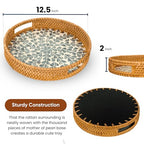 KOLWOVEN Round Rattan Tray with Handle, Rattan Serving Tray with Mother of Pearl Inlay Wooden Base (White- Black Leaves) - color: White- Black Leaves