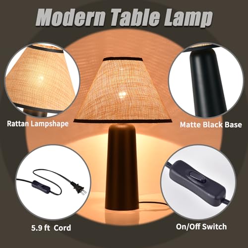 Matte Black Rattan Table Lamp for Bedroom, Modern Wicker Lamps for Bedside Nightstand, Small Table Rattan Shape Lamps for Small Spaces for Kitchen Counter, Home Office, Living Room, Kids Dorm - color: Black