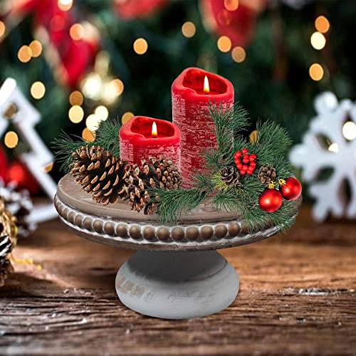 dwellington White Wash Round Display Wood Riser, 8.25” Shabby Chic Pedestal Tray Decor with Beads, Farmhouse Display Stands for Small Items in Coffee Bar, Bathroom, Kitchen Island