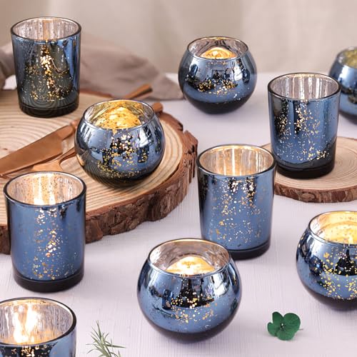 DEVI 12PCS Assorted Blue Votive Candle Holders, Mercury Tealight Candle Holder Glass, Wedding Table Decorations for Home Party, Navy Blue Birthday Graduation Rehearsal Party Dinner Decorations - color: Blue