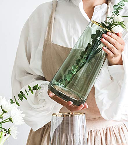 10“ Green Glass Vase with Gold Mouth for Centerpieces Home Wedding Decoration - size: Large
