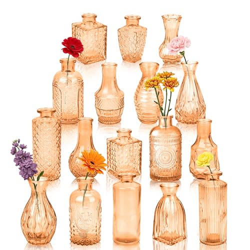 Glass Bud Vases in Bulk Set of 17, Amber Small Mini Vases for Flowers, Vintage Vase for Centepiece,Wedding, Table Decor, Baby Shower, Christmas, Home and Events - color: Amber