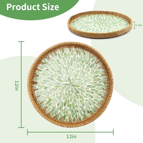 Round Rattan Tray with Mother of Pearl Inlay, Decorative Rattan Serving Tray for Home Boho Decor, Coffee Table, Bread, Food, Tea Ottoman Trays, Fruit Wicker Basket,100% Natural Materials Green- 12" - color: Green, size: 12"