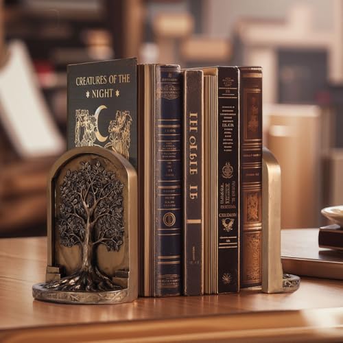 Large Vintage Bronze Finish Tree of Life Bookends Set, 2 Non-Skid Heavy Bookends for Shelves or Bookcase, Decorative Bookends for Desktop Shelf Decor, Library Office Decor, Home Décor Gift - color: Antique Bronze, size: Large