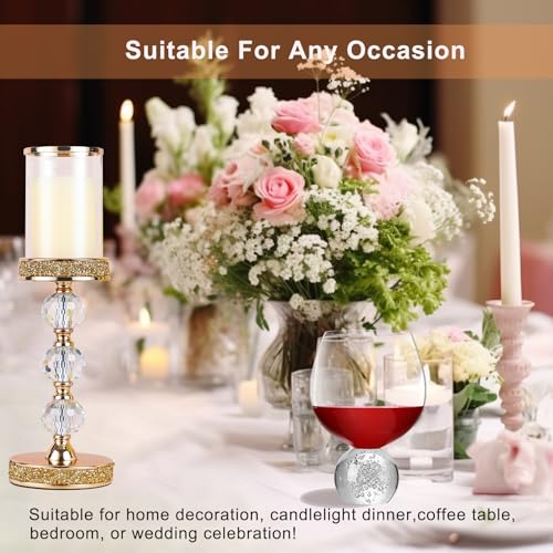Hurricane Glass Candle Holders, Gold Pillar Candle Holders for Pillar Candle, Magnetic Glass Cover, Crystal Candlesticks Holder for Dining Coffee Table, Wedding,Events,Parties, Home Decor - size: 3 crystal balls