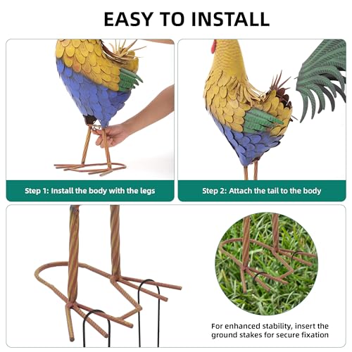 32" Oversized Metal Rooster Statues, Large Outdoor Decor, Metal Chicken Sculpture for Backyard Patio Kitchen Decor - color: 32"h-xl Rustic Yellow Rooster