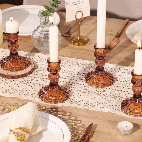 12PCS Amber Candlestick Holders Set- 4" H Taper Candle Holders, Glass Candle Holders Bulk for Wedding, Party, Fall Home Table Centerpieces, Festival Gifts & Windowsill Decor - color: Amber Striped Pattern