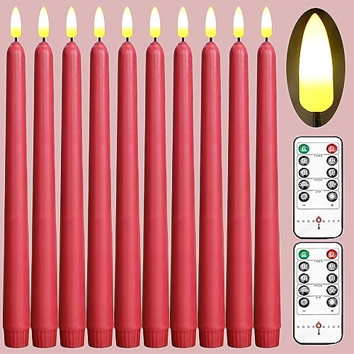 NONNO & ZGF 10 Red Flameless 11'' Wax Coverd Taper Candles with 2 Remote,Use 2-AA Battery(not Included) Runs 200 Hours, LED Battery Operated Candle for Candlesticks, Wedding, Patry, Hotel - color: Red