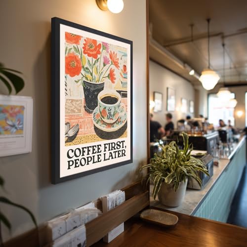 GELDSTEI Wood Framed Retro Coffee Wall Art, Vintage Cafe Wall Decor, Coffee First People Later Canvas Painting, Classical Cafe Bar Poster Print for Kitchen Dining Room Home Office 12x16 Inch - color: Retro(Wood), size: 16"L x 12"W