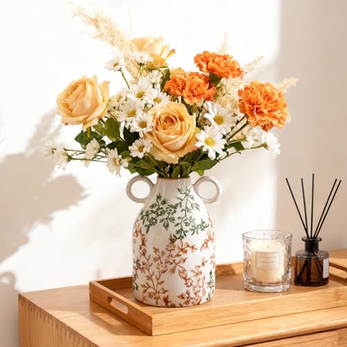 Green Floral Ceramic Vase with Handle, Nordic Boho Small Vases Side Table Flower Centerpiece, Wide Mouth Single Flower Vase Pampas Grass Decorative - for Home Window Sill Living Dining Room Kitchen - color: Green Floral
