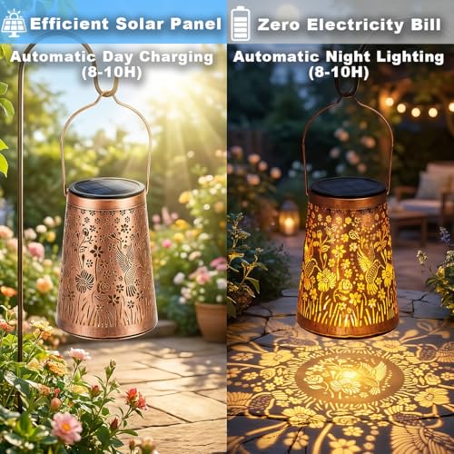 LeiDrail Hummingbird Solar Lanterns Outdoor 2 Pack, Hanging Waterproof Vintage Metal Lantern, Auto On/Off Garden Patio Yard Porch Pathway Decor, Warm White LED, Gifts for Women Mom Grandma - color: Hummingbird