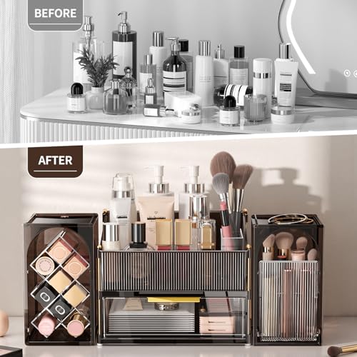 INVSSENE Stackable Makeup Organizer Countertop, Storage Perfume Skincare Cosmetic Lipstick Face Mask Makeup Brush Palettes, Ideal for Vanity Bathroom Counter - color: 3516 Coffee+Clear
