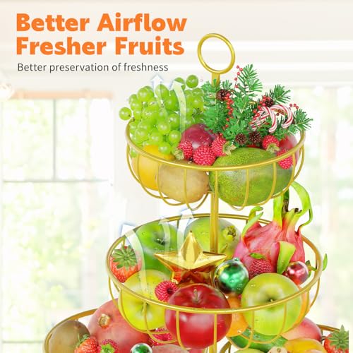 PouHenier.jh 5 Tier Fruit Basket Stand for Counter, Kitchen Tall Tiered Fruit Bowl Organizer for Dining Table Countertop, Multi Level Fresh Produce and Vegetable Holder Rack, Sturdy Metal Wire, Gold