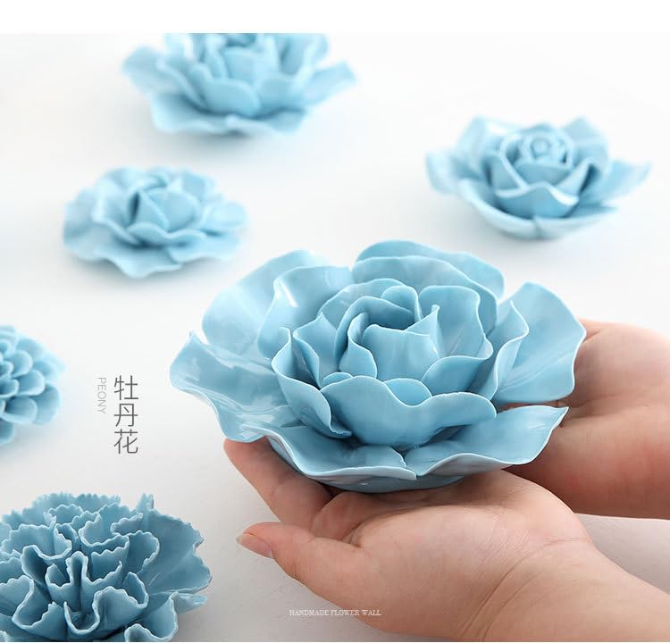 AMERRY 3D Flower Wall Art, Handmade Porcelain Decor for Home Office (Blue, Peony, 4.72") - color: Blue,Peony,4.72"