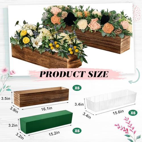 Dandat 6 Set Wooden Boxes for Centerpieces 16x4 Inch Rectangle Wooden Planter Box Rustic Wood Planter with Removable Plastic Liner Floral Foam Blocks for Centerpieces Home Wedding Garden Decor - size: 16x4 Inch