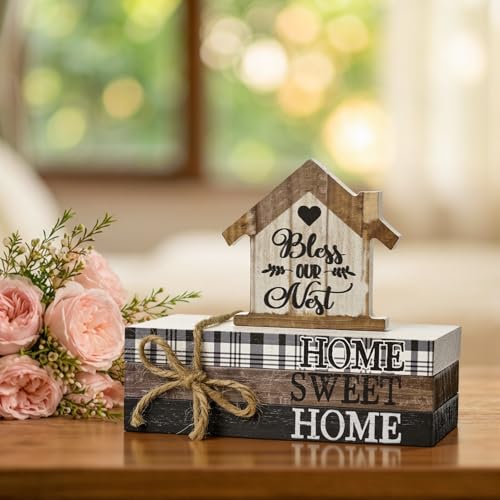 Smile Farmhouse Wooden Tabletop Decor Rustic Home Sweet Home Table Centerpiece, Block Sign Tiered Tray Decoration for Kitchen Shelves Desk Mantel - style: Sweet Home