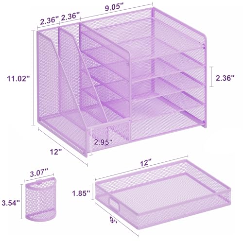 Marbrasse Desk Organizer with File Holder, 5-Tier Paper Letter Tray Organizer with Drawer and 2 Pen Holder, Mesh Desktop Organizer and Storage with Magazine Holder for Office Supplies(Purple) - color: Purple