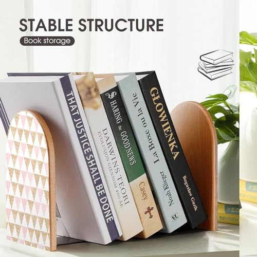 Wooden Bookends 2 Pcs,Abstract Gold and Pink Triangles Heavy Duty Office Book Ends Anti Slip Book Shelf Holder with Metal Base Decorative Book Stands - color: Abstract Gold and Pink Triangles