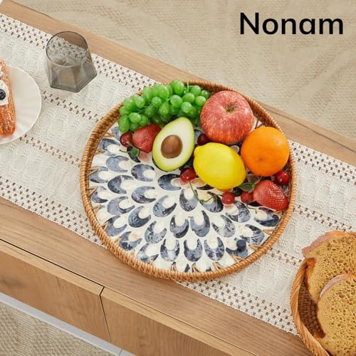 Shellac Rattan Tray with Mother of Pearl Inlay, Round Decorative Serving Tray for Home Décor Coffee Table Storage and Display, 100% Natural Materials - Ottoman Tray Black 12" - color: Black, size: 12"