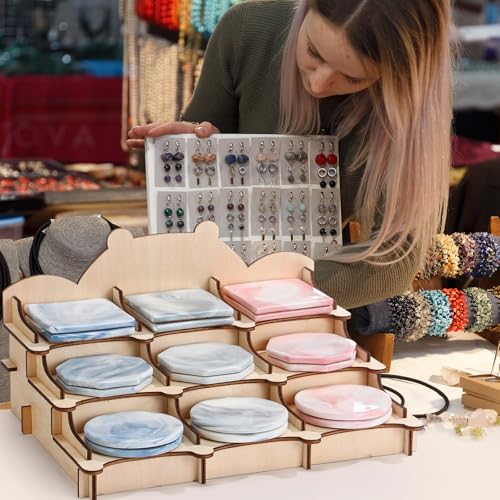 Cinnvoice 3 Tier Wooden Sticker Display Stand Sticker Coaster Display Stand with 9 Pockets for Postcard Brochure Photos Candles Jewelry Cupcake Snacks Holder for Vendors, Counter Retail