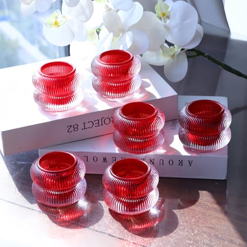 Woho Ribbed Glass Votive Candle Holders Set of 6, Red Tealight Candle Holder for Wedding Table Decor, Vintage Tea Lights Candle Holder for Christmas/Valentines Day Decorations (Red, 2.1" H X 2.75" D) - color: Red